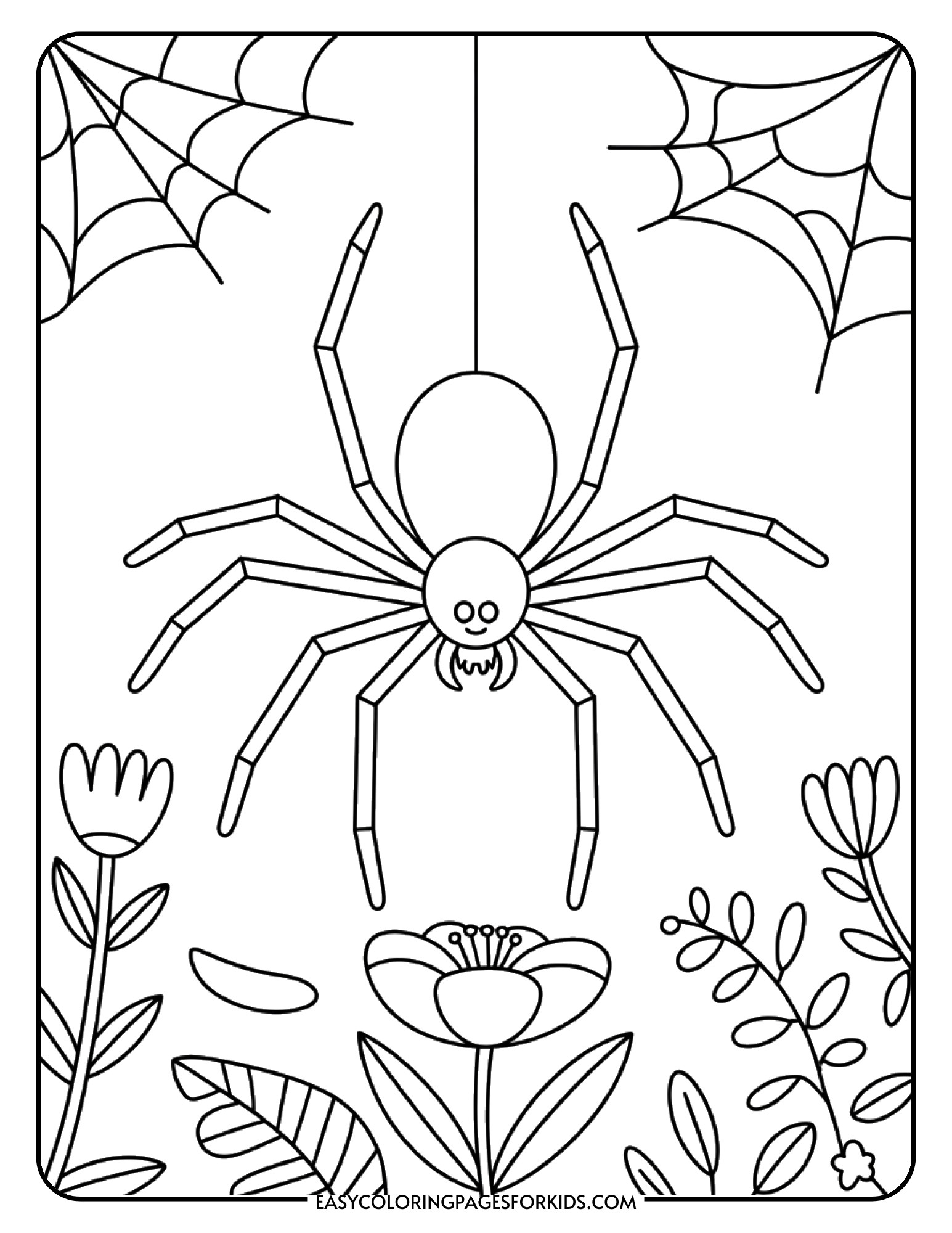 A happy spider sitting on a large flower surrounded by leaves and garden plants.