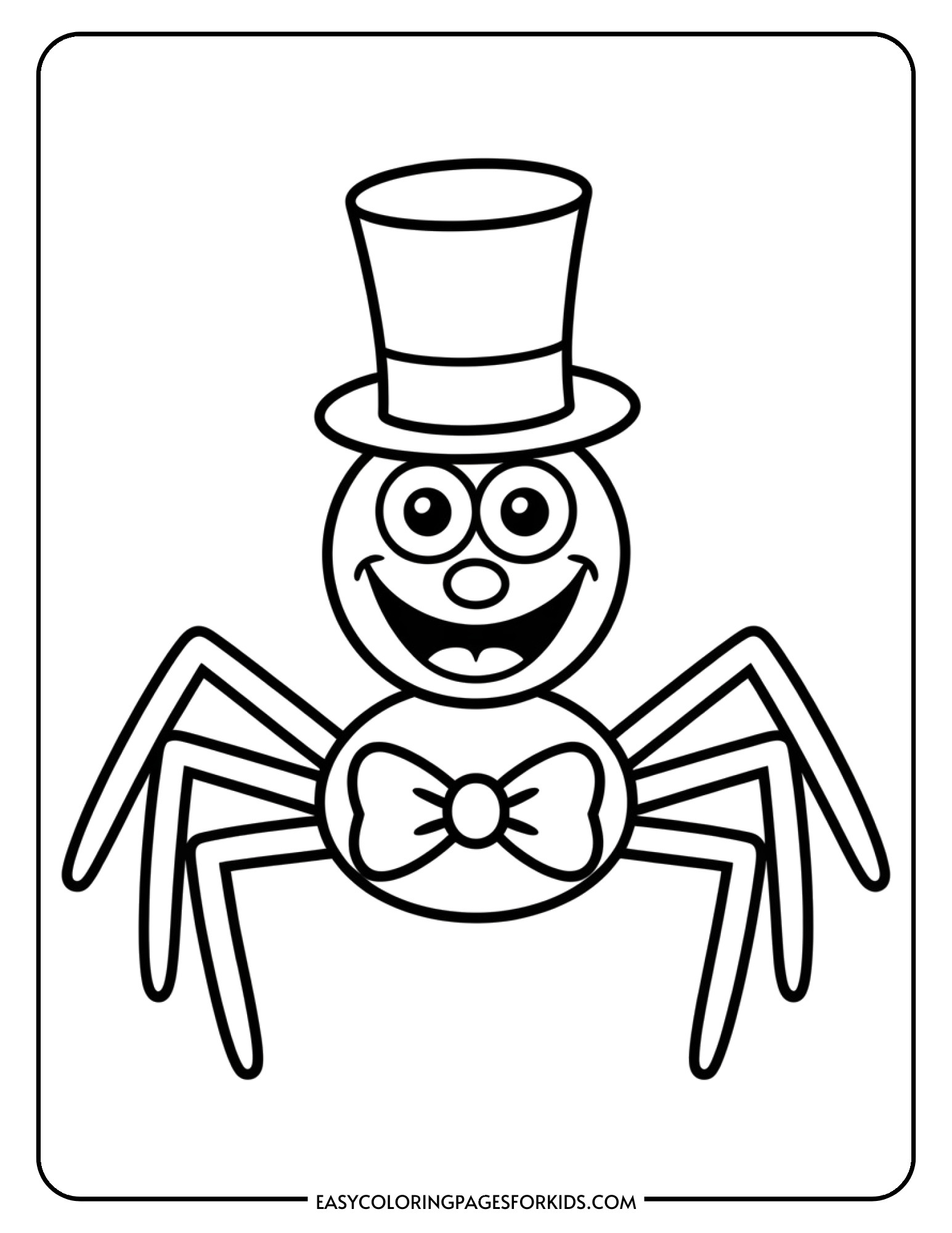 A comical spider dressed in a bow tie and top hat with a goofy smile.