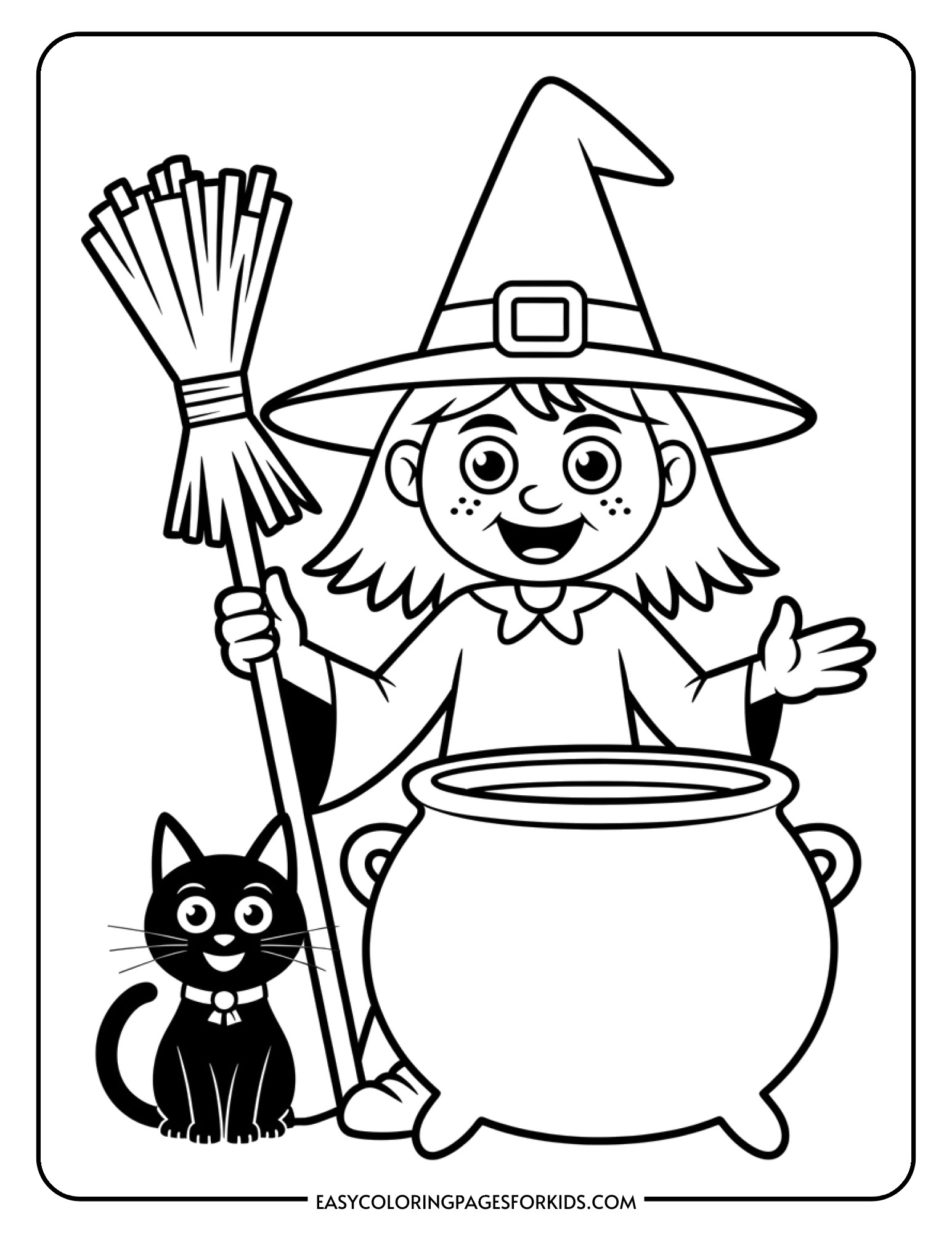 A cheerful witch wearing a pointed hat sits next to her friendly black cat with a bubbling cauldron nearby.