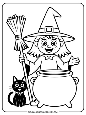 A cheerful witch wearing a pointed hat sits next to her friendly black cat with a bubbling cauldron nearby.