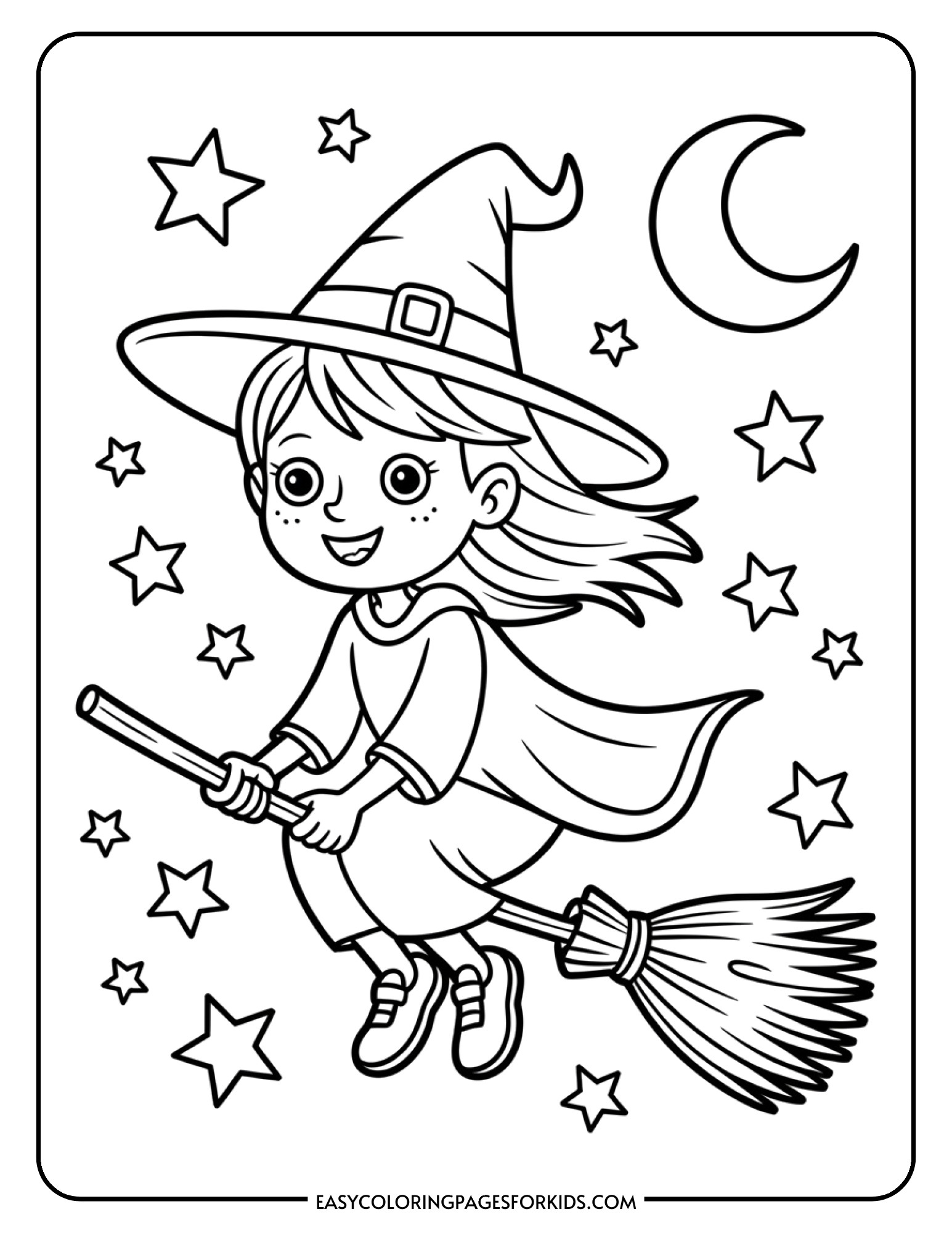 A young witch flies through a starry night sky on her broomstick with a crescent moon shining behind her.