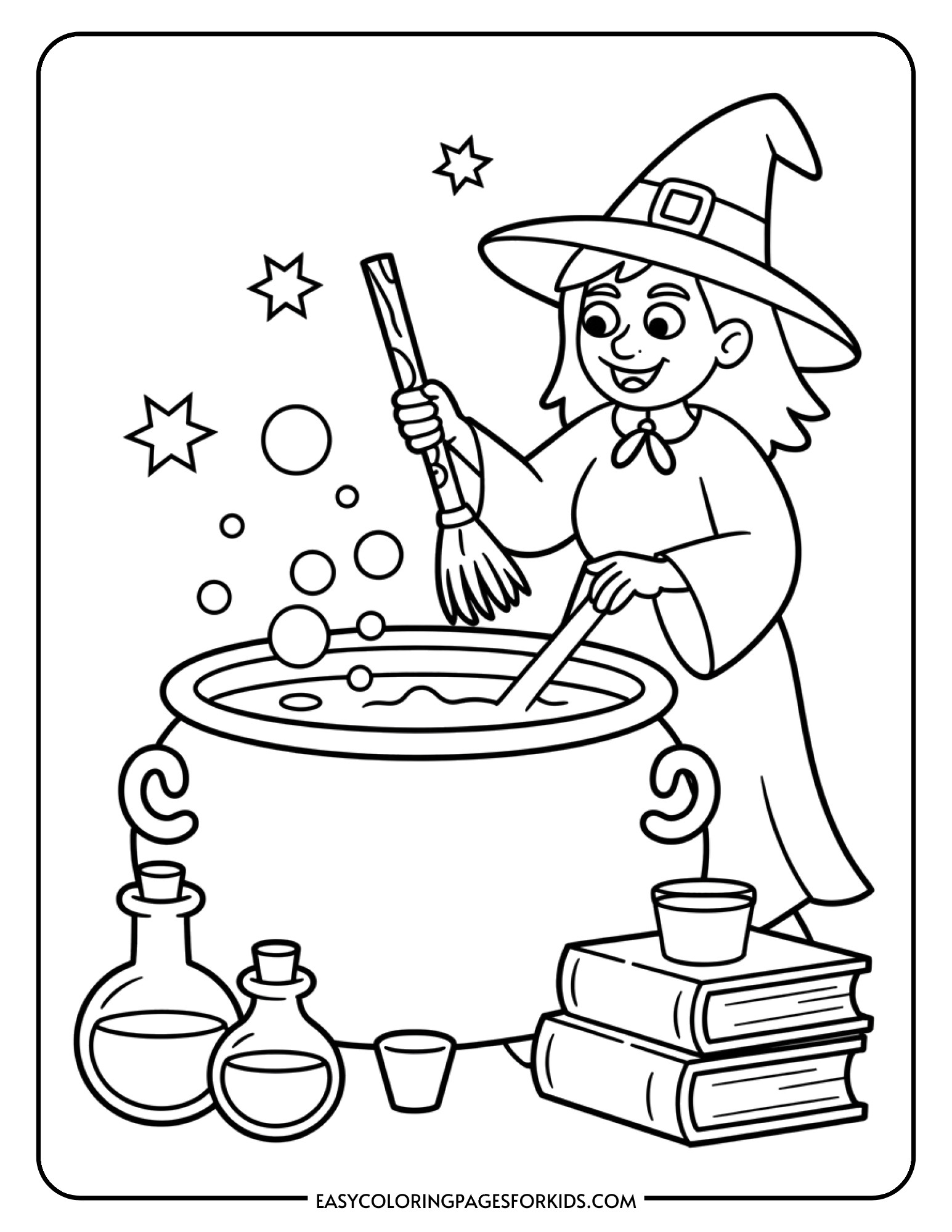 A witch stirs a magical potion in her cauldron surrounded by bottles and open spell books.