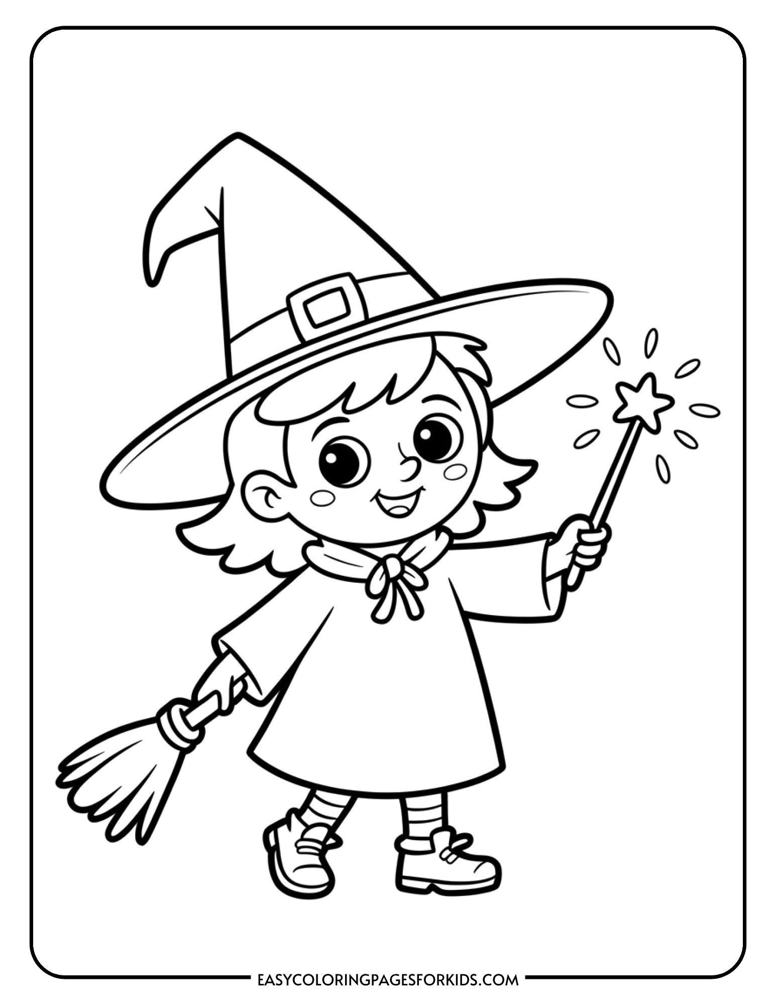 A little witch wearing an oversized pointed hat waves a magic wand that creates sparkles.