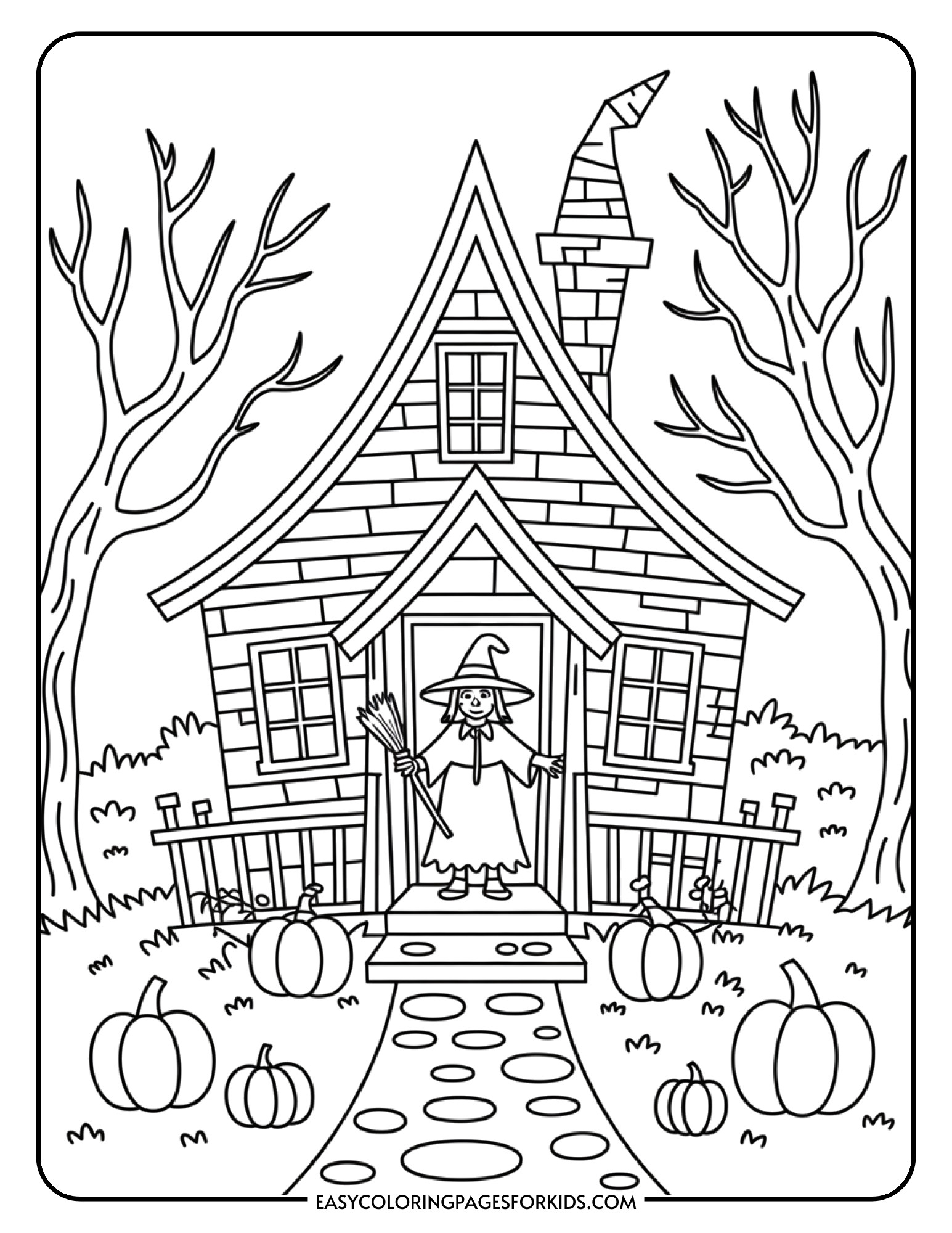 A witch stands in the doorway of her crooked cottage surrounded by pumpkins and spooky bare trees.