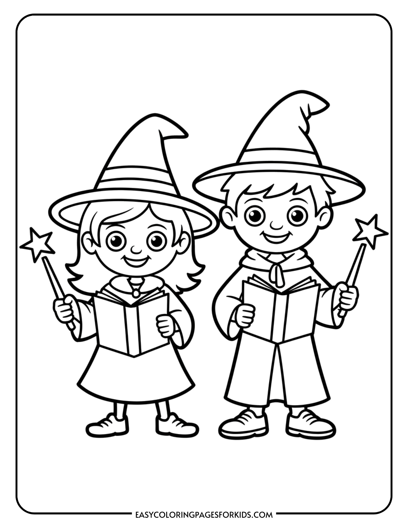 A friendly witch and wizard stand side by side, each holding their own spell book and magic wand.
