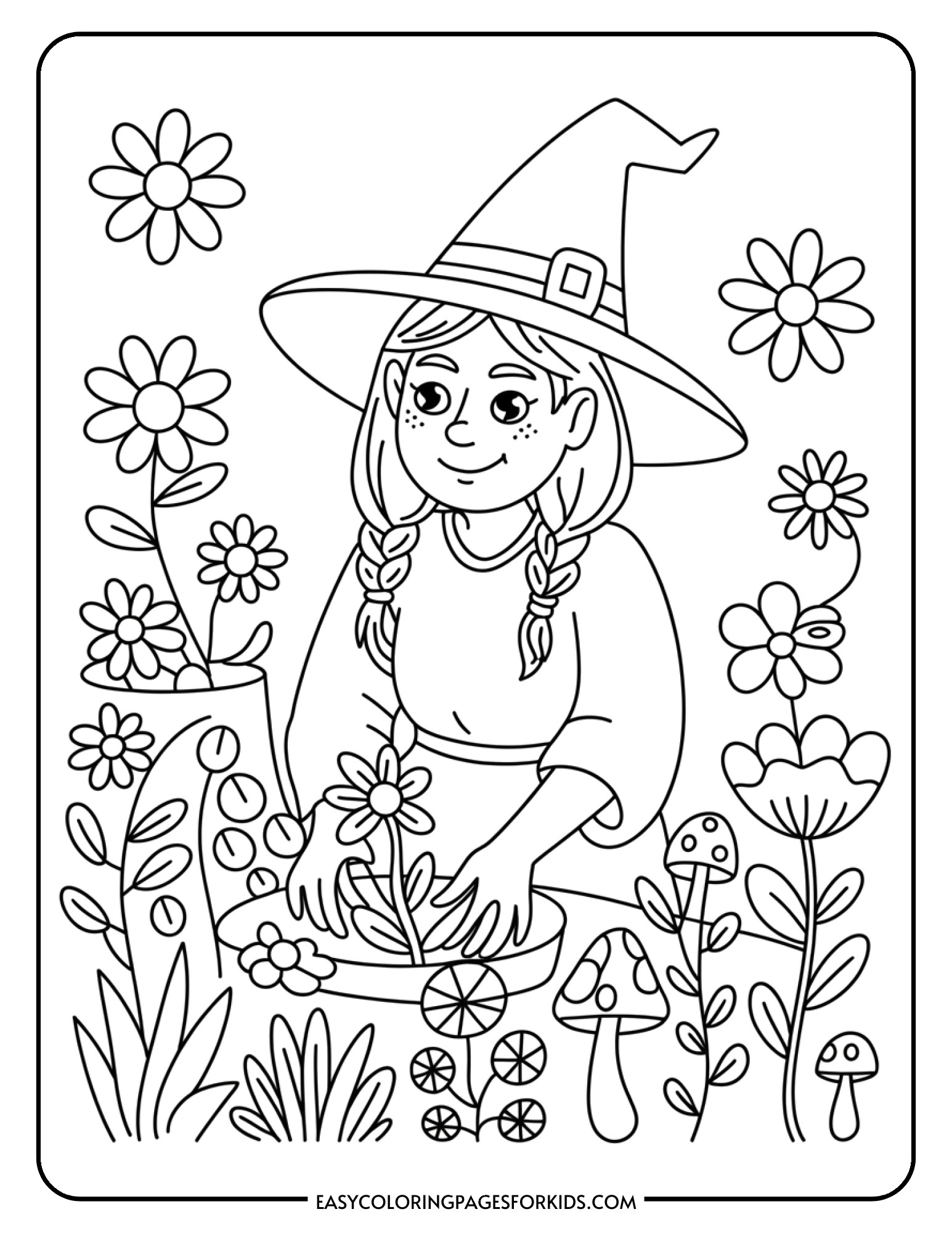 A witch tends to her magical garden filled with unusual flowers and oversized mushrooms.