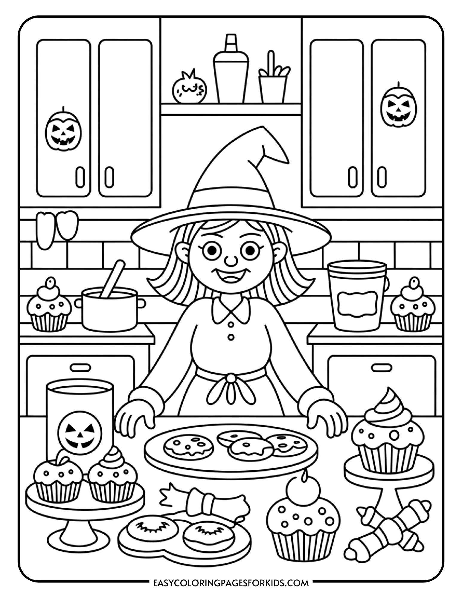 A witch bakes in her kitchen surrounded by Halloween cookies and cupcakes with festive decorations.