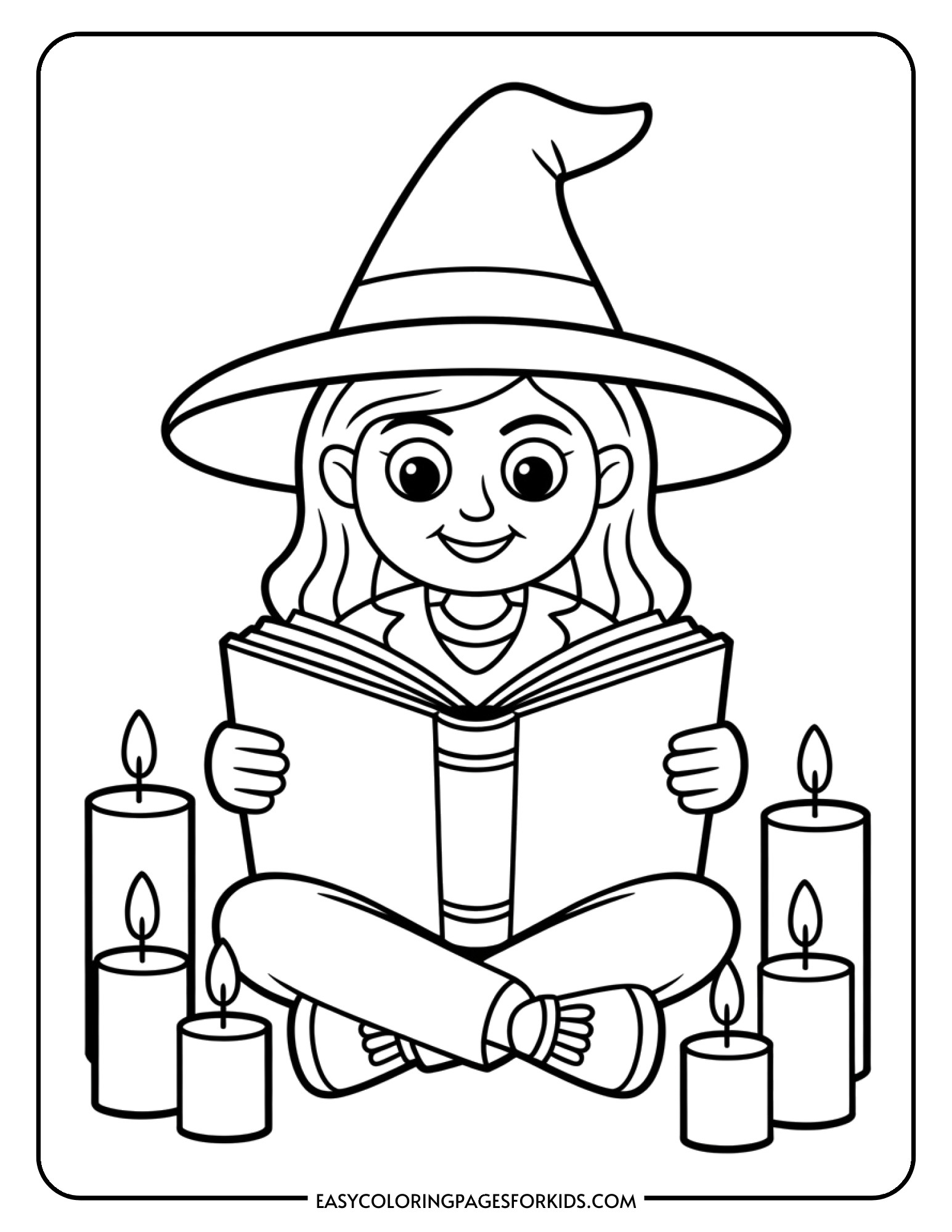 A witch sits reading a large spell book surrounded by glowing candles.