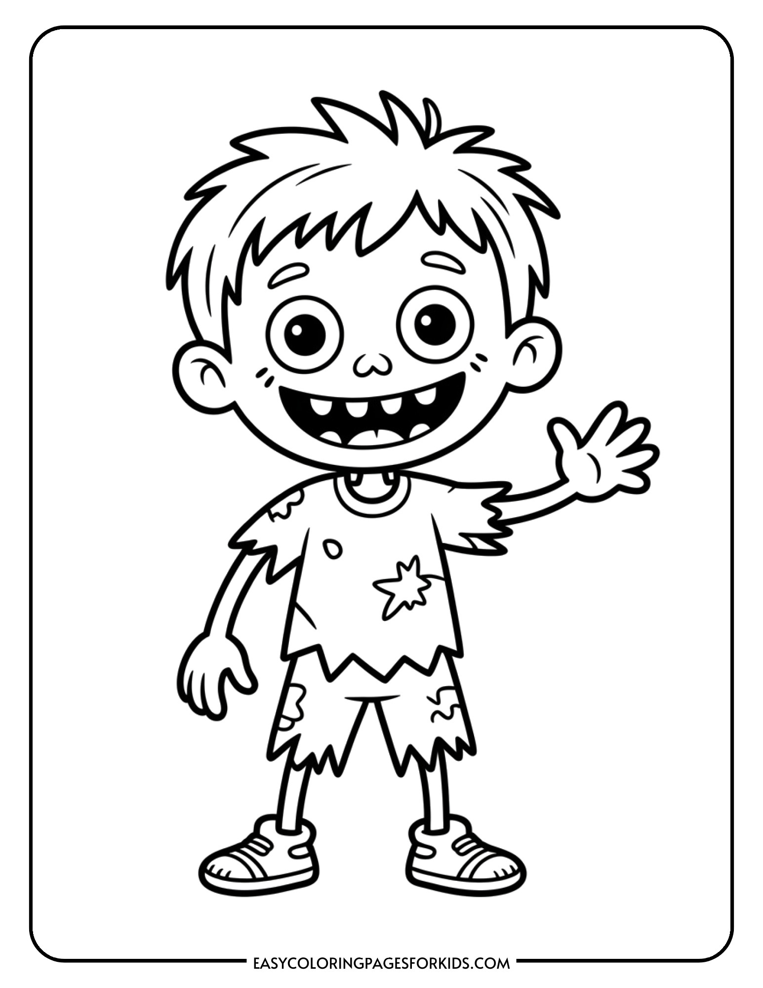 A friendly cartoon zombie kid with a big smile waving hello.