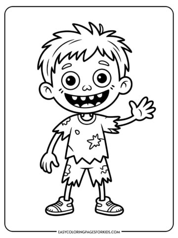 A friendly cartoon zombie kid with a big smile waving hello.