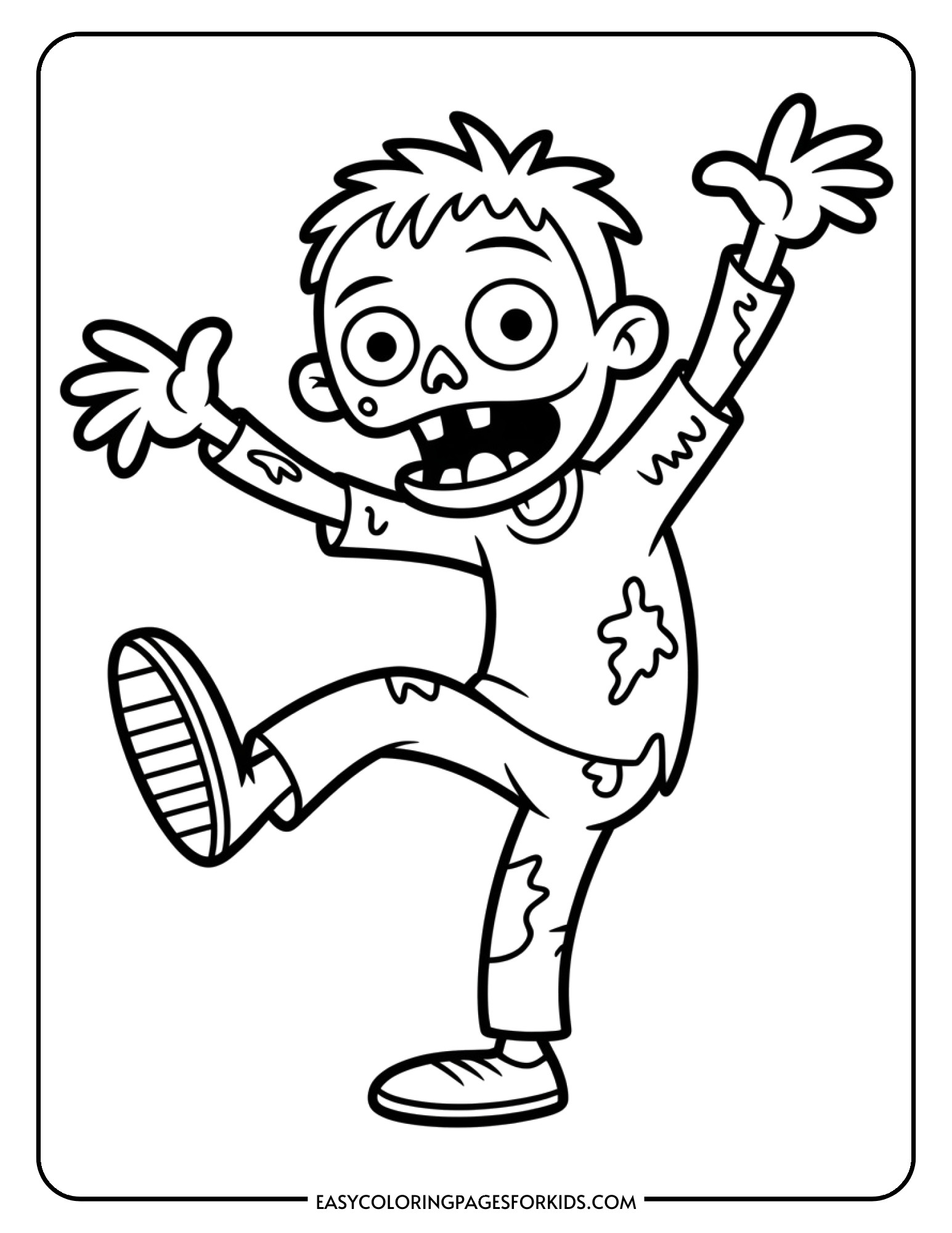 A cartoon zombie doing a silly dance with arms raised and one leg kicking out.