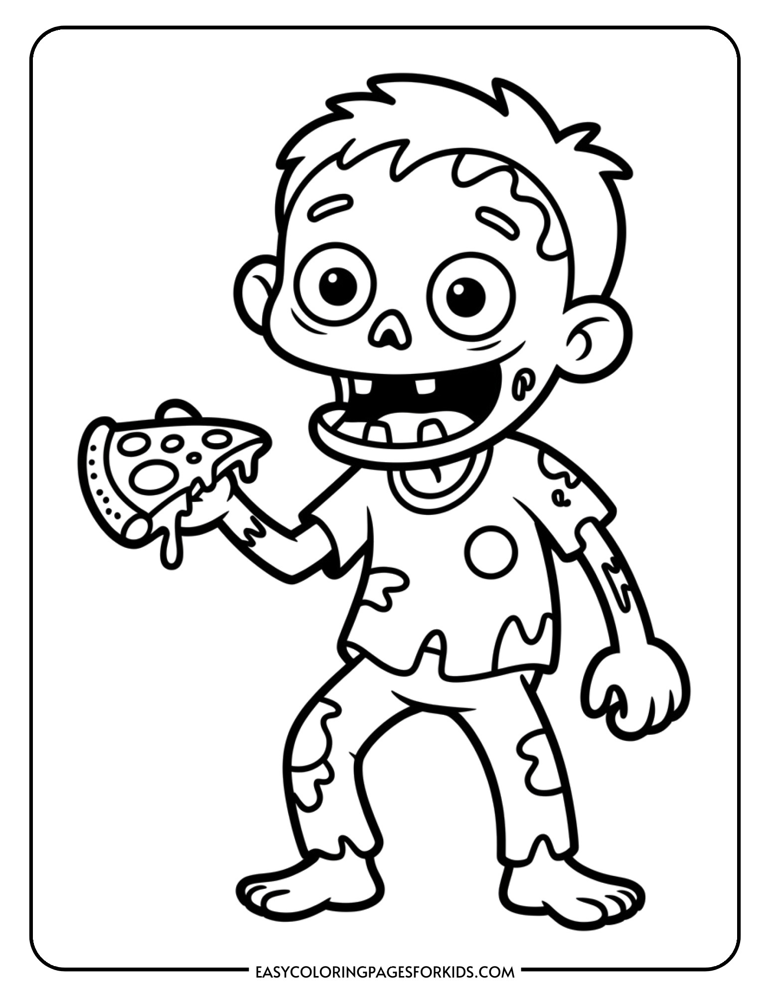 A happy cartoon zombie holding up a slice of pizza ready to take a bite.