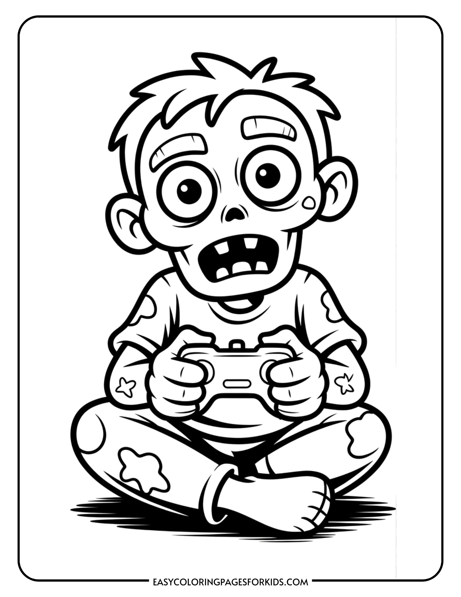 A cartoon zombie sitting down and playing video games with a controller in hand.