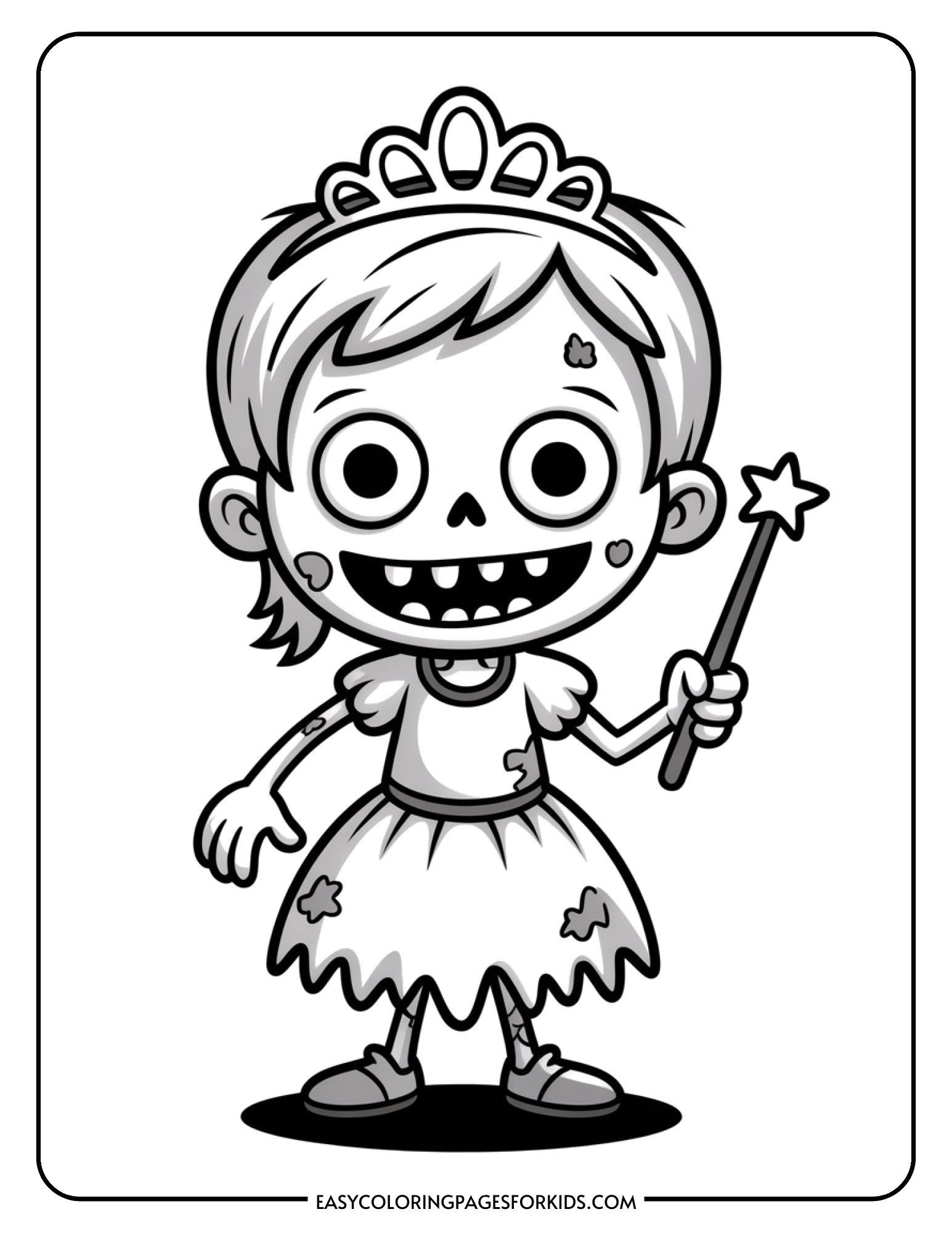 A zombie princess wearing a crown and fancy tattered dress while holding a magic wand.