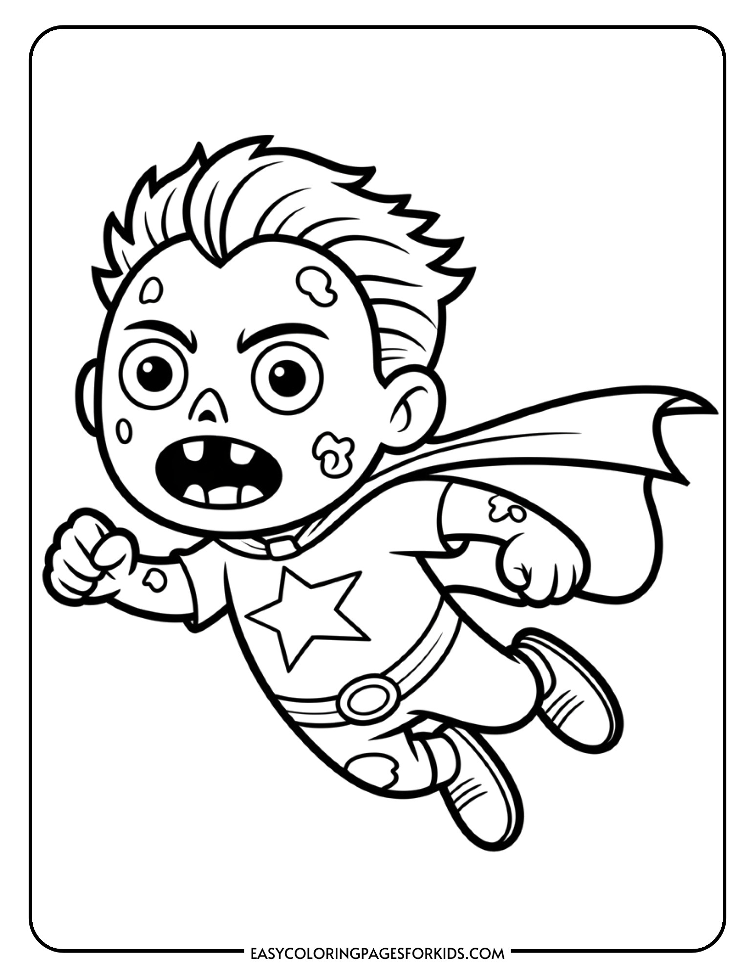 A zombie superhero wearing a cape and mask striking a heroic flying pose.