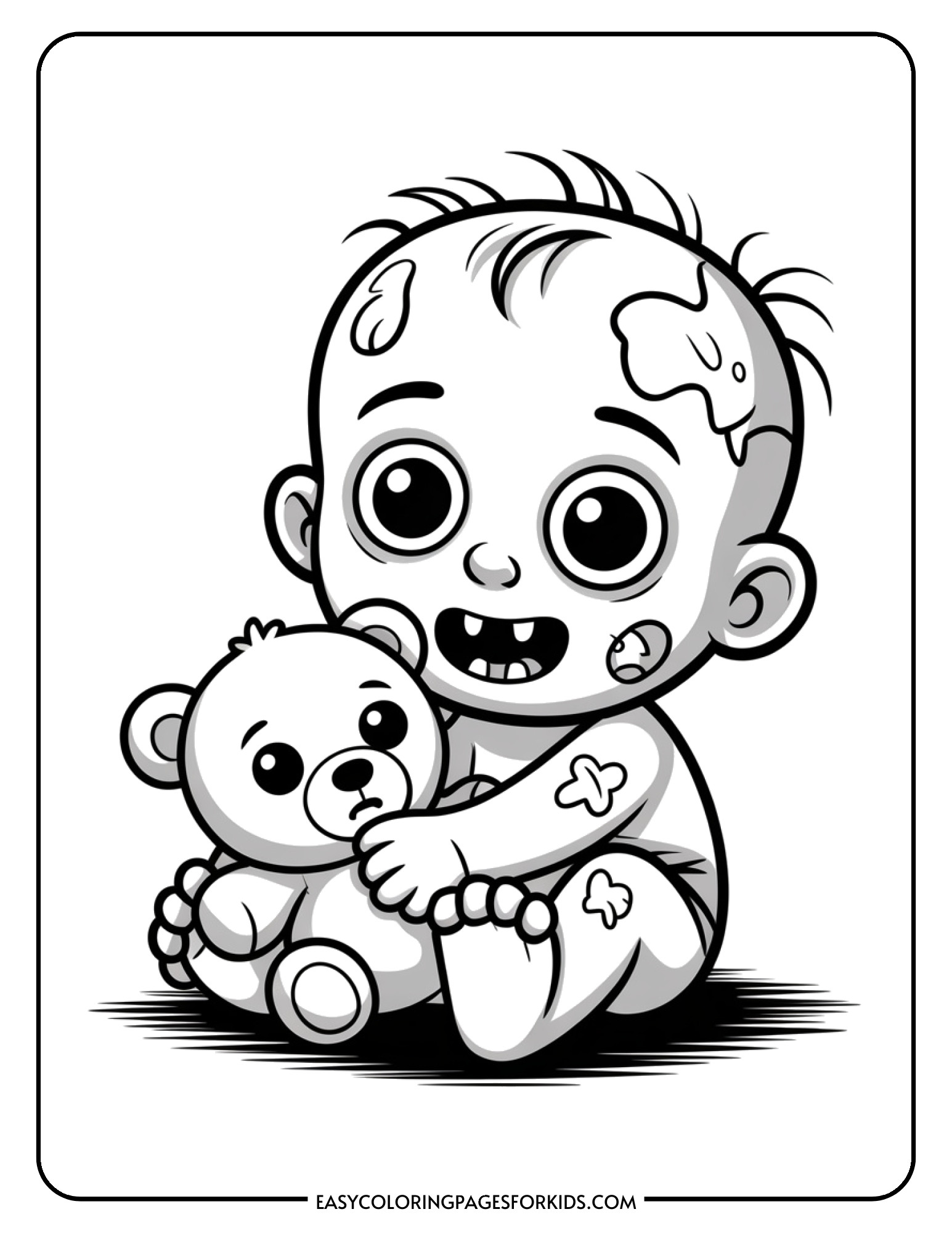 A cute baby zombie sitting and cuddling a teddy bear toy.