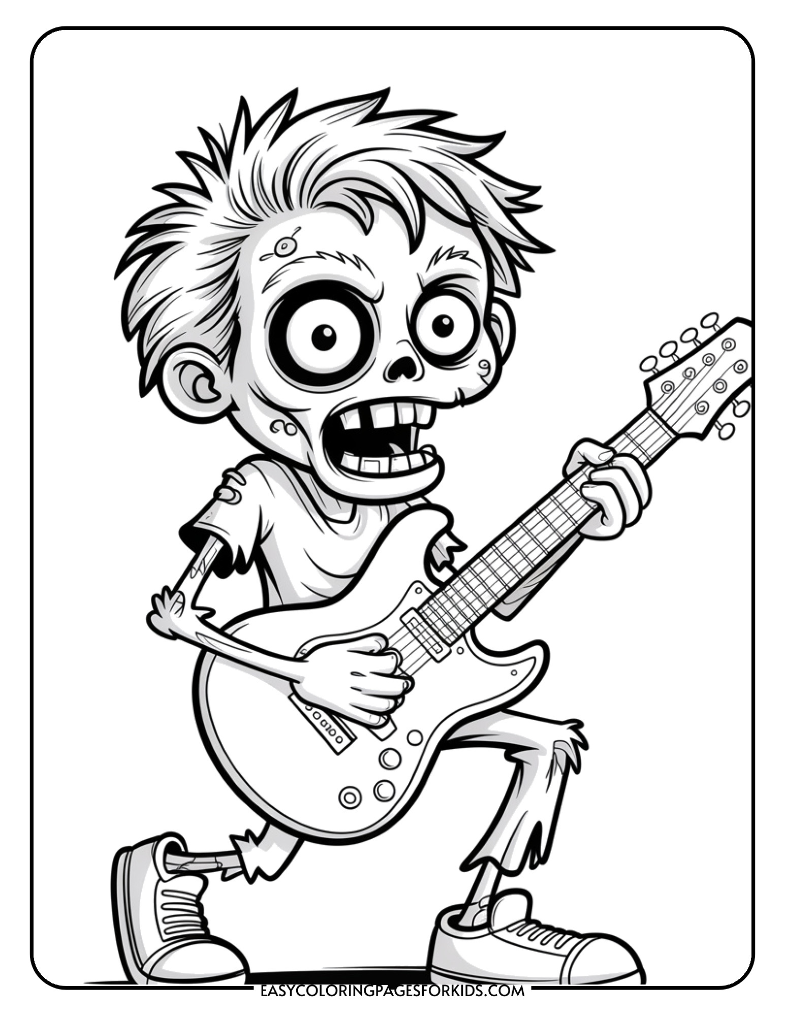 A zombie rock star playing electric guitar with wild hair in a cool rock pose.